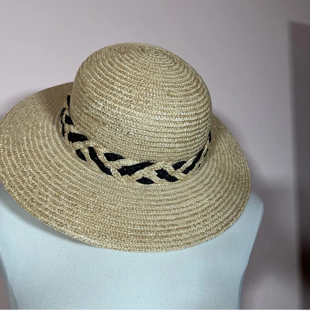 Vintage 90 Y2K Natural Straw Flat Wide brim Sunhat Coastal Grandma - Picture 7 of 14
